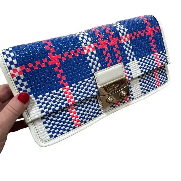 Kate spade clutch purse with dustbag blue white pink woven plaid front flap chic